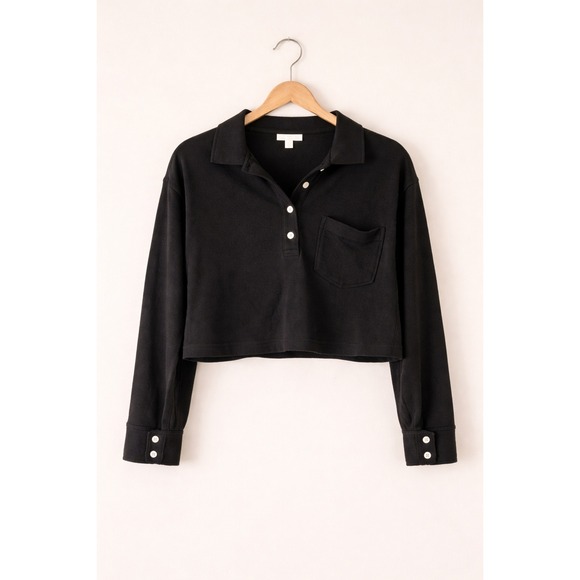 Every Tops - Every Black Cropped Long Sleeve Polo Pullover Womens XS Minimalist preppy grunge